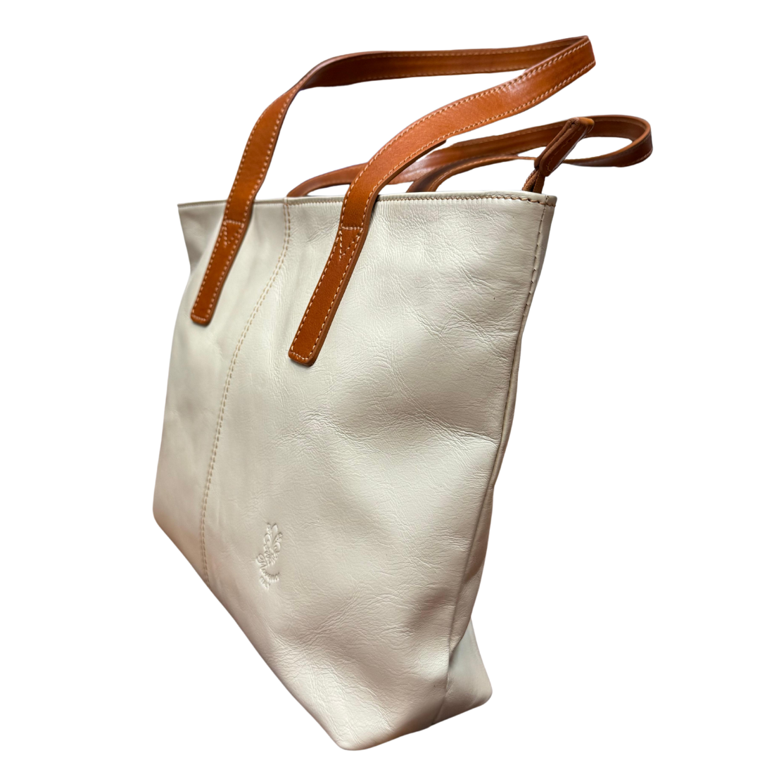 white tote bag with brown handle - By Forenzio