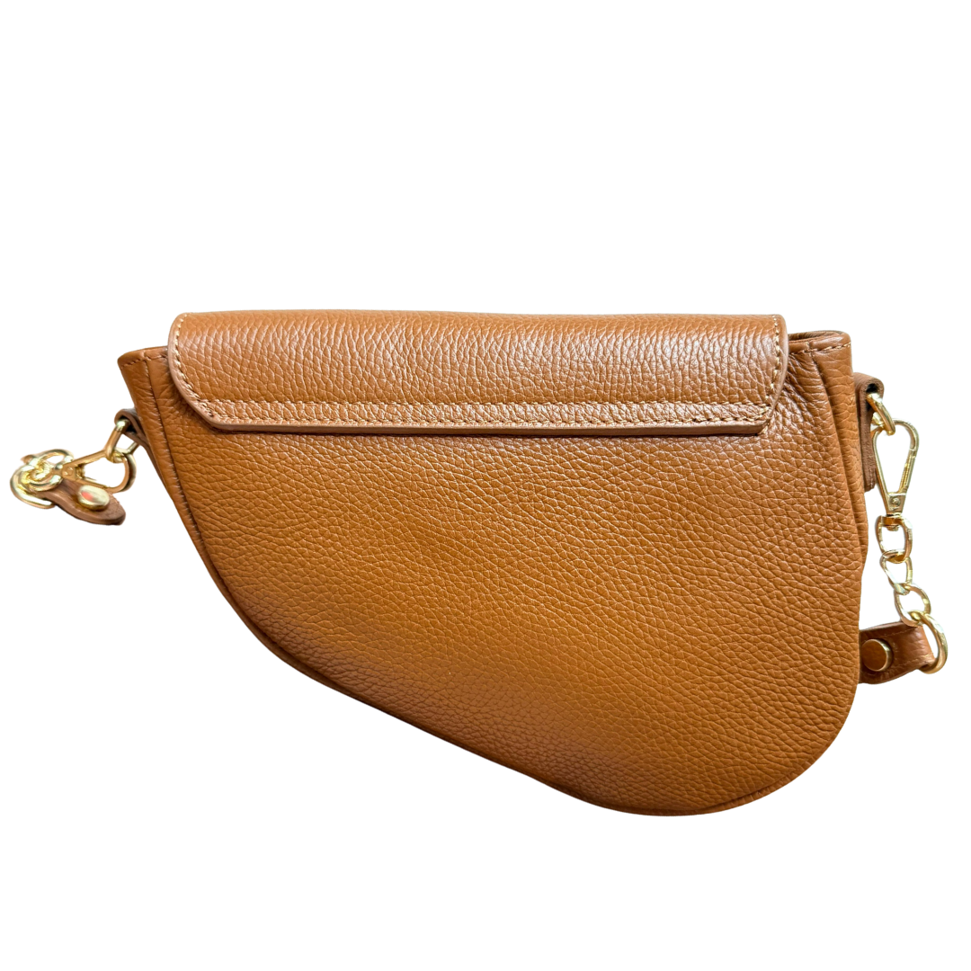 Brown leather handbag with golden chain